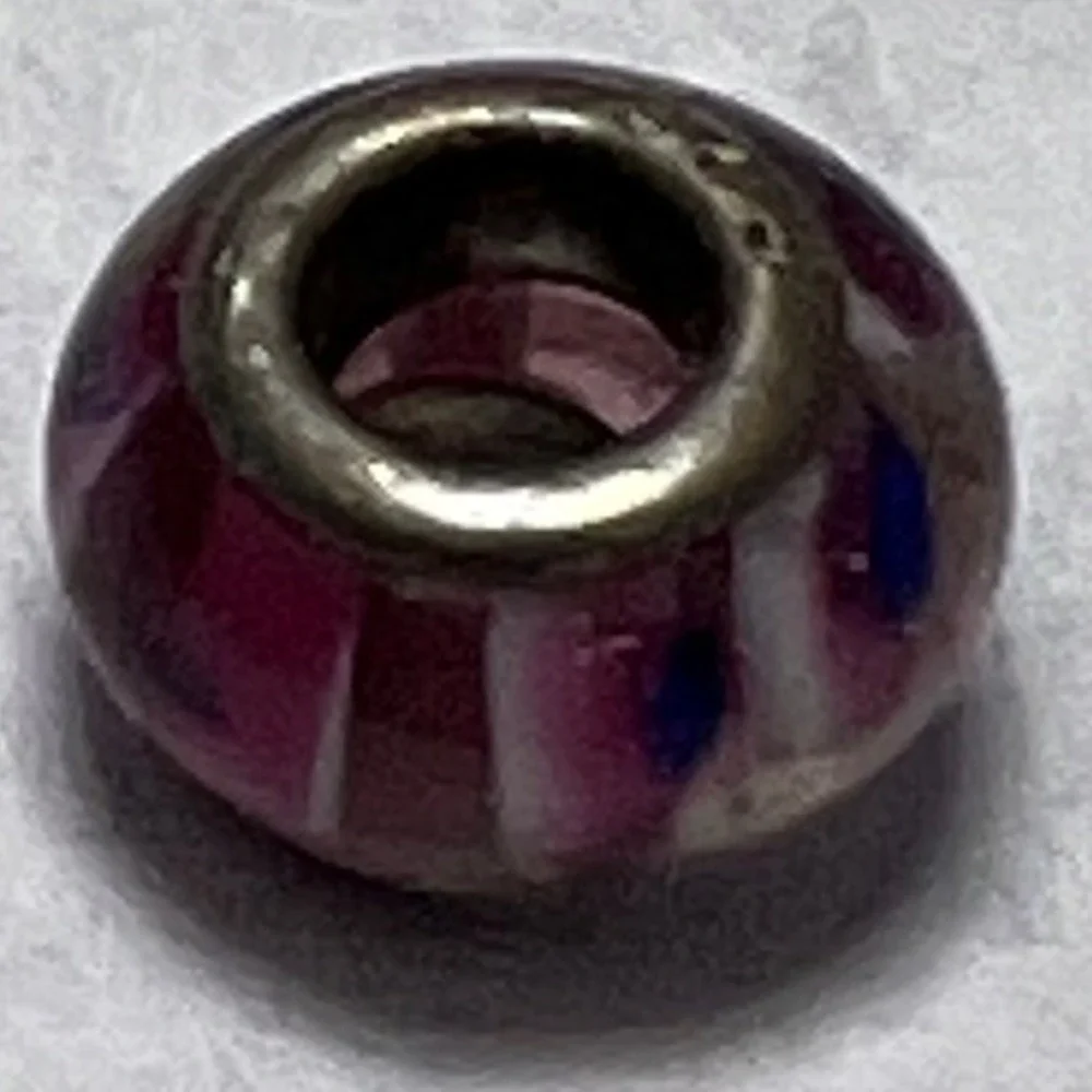 Sterling Glass Bead Lampwork Murano Style Pink White Blue Stripes Charm Necklace